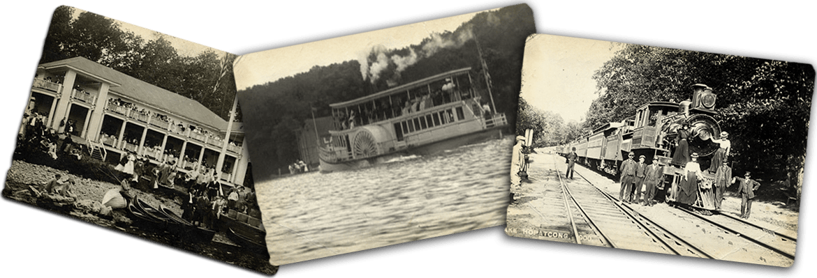 Three antique images including a train and Lake Hopatcong